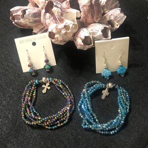 Blingy bracelet/earring sets! 1 turquoise, 1 holographic purple/blue/pink/gold!